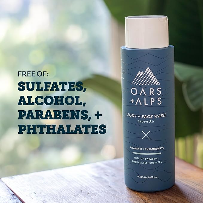 Oars + Alps Mens Moisturizing Body and Face Wash, Skin Care Infused with Vitamin E and Antioxidants, Sulfate Free, Aspen Air, 2 Pack