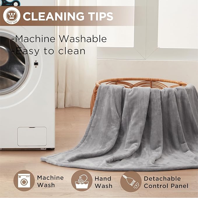 Westinghouse Heated Twin Blanket - Electric With 10 Heating Levels, 1-12 Hours Auto Shut Off, Fast Warming, Machine Washable (62x84 Inches, Light Grey)