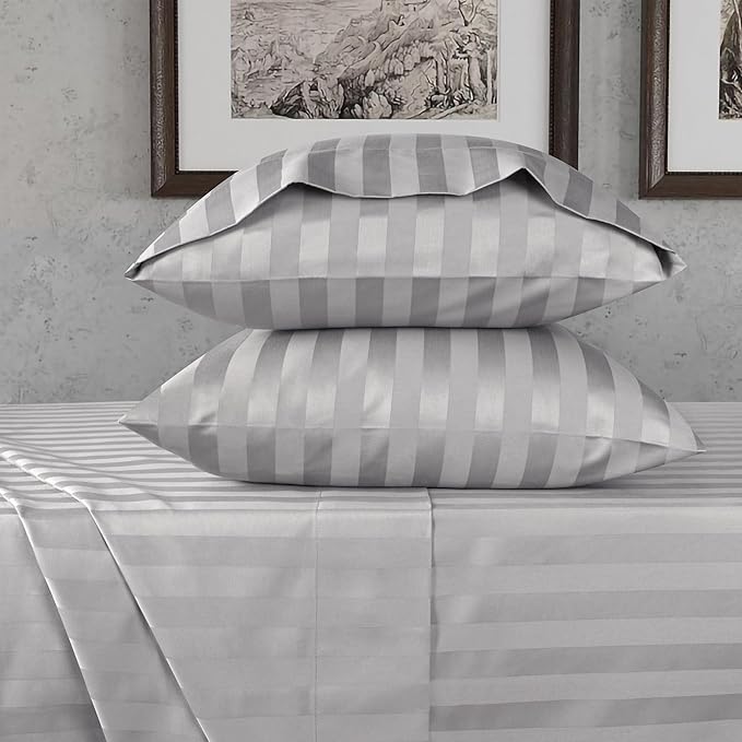 URBANHUT 1000 Thread Count Egyptian Cotton Sheets Damask Striped Twin Size, Breathable Long Staple, 4 Pc Bed Sheet Sets, Luxury Hotel Sateen Sheets Fits 16" Deep Pocket - Silver Grey