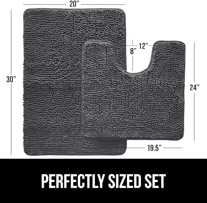GORILLA GRIP Bathroom Rug Sets, Soft Chenille 2 Piece Area Rugs Set, Toilet Base Mat and 30x20 Carpet, Absorbent Microfiber Washable Mats Dry Quickly, Home Décor and Bath Room Accessories, Charcoal
