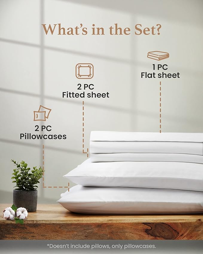 Good Sleep Bedding Split King Sheets Sets for Adjustable Bed Cotton, Luxury Sheets, Egyptian Cotton, 5 Piece 100% Cotton Split King Sheet Set, Sateen Sheets, 2 Fitted - 16" Deep Pocket, White