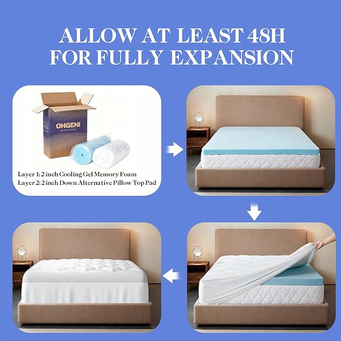 OhGeni Cooling 4 inch Dual Layer Twin XL Mattress Topper for College Dorm Room Essentials, 2 inch Gel Memory Foam, 2 inch Down Alternative Pillow Top Pad, Mattresses Cover for Bed, 6”-19” Deep Pocket