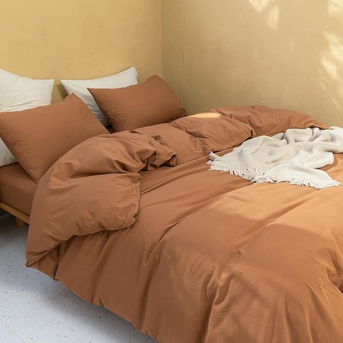 FOSSA Linen Duvet Cover Set 100% Washed Cotton Linen Feel Super Soft Breathable Cozy Simple Style 3 Pieces Bedding Sets Solid Dark Orange Super King Plus