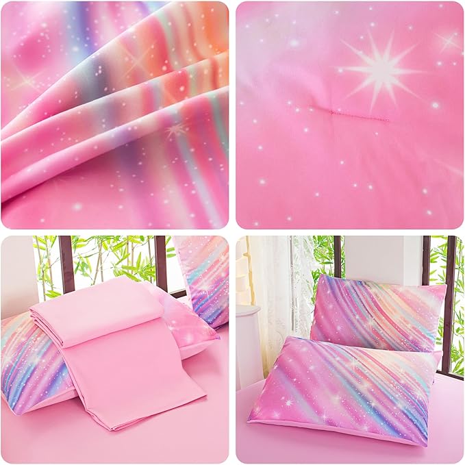 Full Comforter Set for Girls Galaxy Bedding 7pieces, Ombre Bedding Comforter Sets Rainbow Comforter, Twill Pink