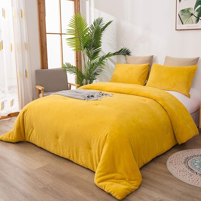 Cottonight Mustard Yellow Velvet Comforter Set Queen Plush Flannel Fluffy Yellow Bedding Comforter Set Micromink Sherpa Warm Heavyweight Winter Comforter for Women Men Adults Teens