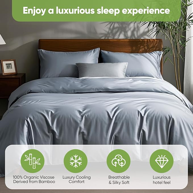 TWK Luxury Sheet Set, Genuine 100% Viscose Derived from Bamboo, Cooling & Breathable, Silky Soft, Bedding Sheets & Pillowcases (Sterling Blue, Full)