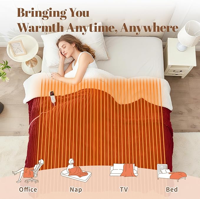 Electric Heated Blanket Full Size - 72"x84" Fast Heating Bed Blankets with 6 Heating Levels & 10 Hours Auto Off, Soft Ribbed Flannel Sherpa, Over-Heated Protection ETL, Red