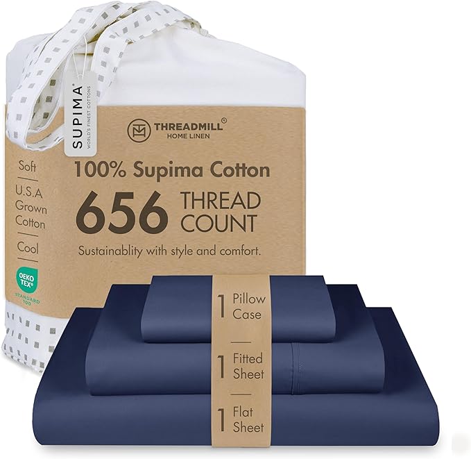 Threadmill Twin XL Sheet Sets |656 Thread Count 100% Supima Cotton Sheets for Twin XL Mattress | 16” Deep Pocket | Soft 3-Piece Cooling Sheet Set | Folkstone Blue