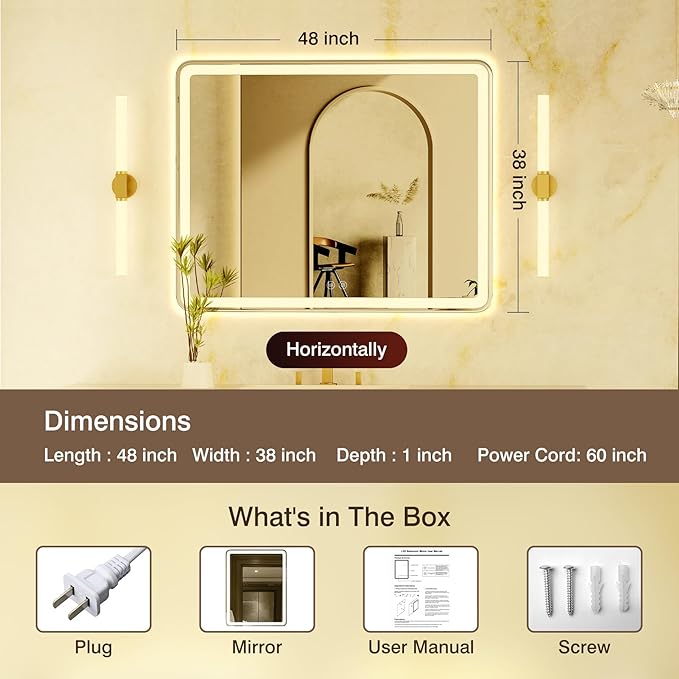 48X38 LED Bathroom Mirror with Lights, Anti-Fog Lighted Vanity Mirror Wall Mounted, 3 Colors Temperature & Dimmable Bathroom Mirror with LED Lights