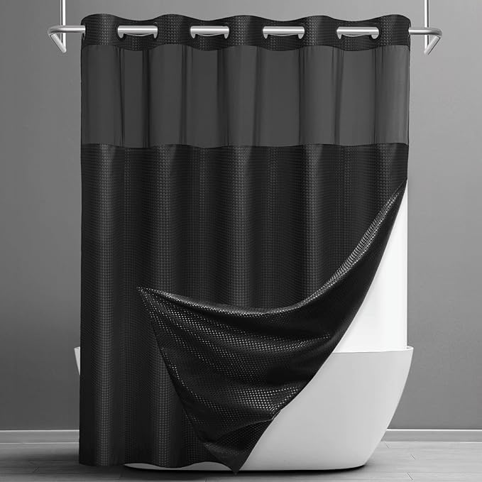 No Hook Shower Curtain with Snap in Liner Set Waffle Shower Curtain for Bathroom Hotel Style Fabric Waterproof Inner Liner，71" W x 74" H, Black