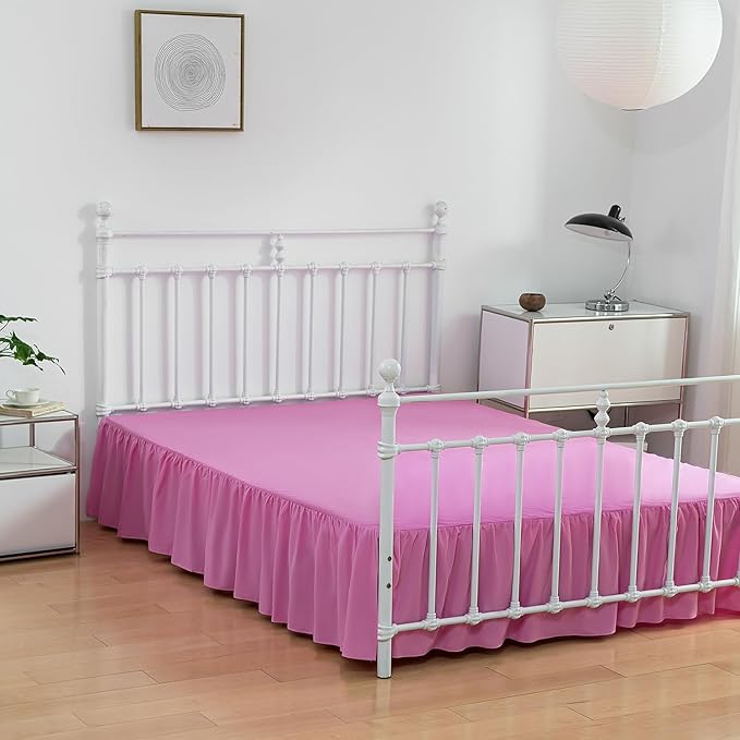 Bed Skirt King Size Ruffled Bed Skirts with Split Corners,14 Inch Drop Dust Ruffle Bed Skirt with Platform, 14 Inch Drop, Pink