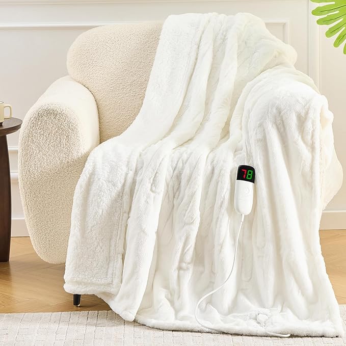 greenoak Heated Electric Blanket Throw, Faux Fur Sherpa Heating Blanket for Sofa Bed, Warm Winter Gifts for Women/Men, Heater Lap Blankets 5-Position Timer &10 Heating Levels 50''*60" Whtie