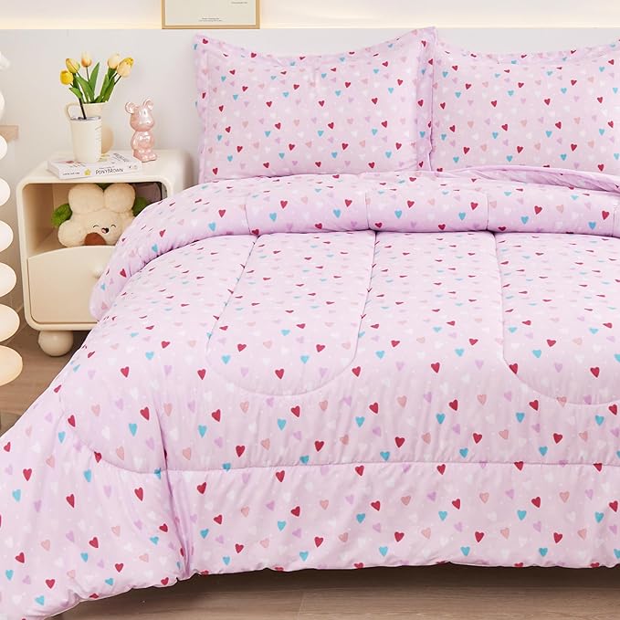Viviland Kids Twin Bedding Sets for Girls, Soft Microfiber Twin Comforter Sets, Purple Heart