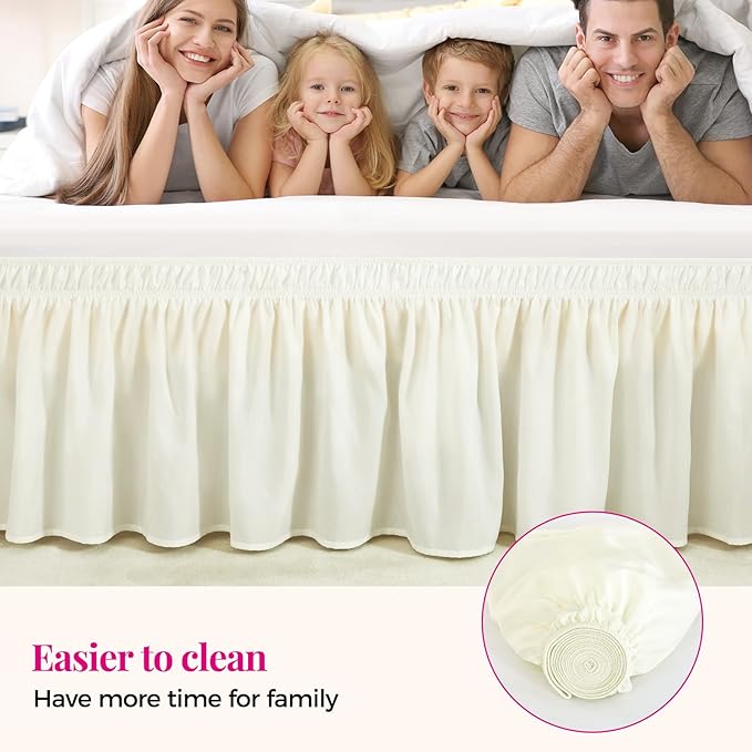 RIMELA Ivory White Queen Bed Skirt 18 Inch Drop, Wrap Around Elastic Bed Skirts Queen Size Dust Ruffle, Bedskirt for Adjustable Bed Base Solid Fade Resistant Silky Fabric Machine Washable