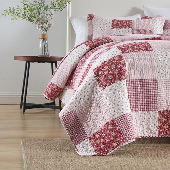 ENASAL Cotton Bedspread Quilt Bedding Sets Reversible Coverlet Sets Comforters Plaid Floral Red White Patchwork Pattern Bedspread for All Season, Queen Size