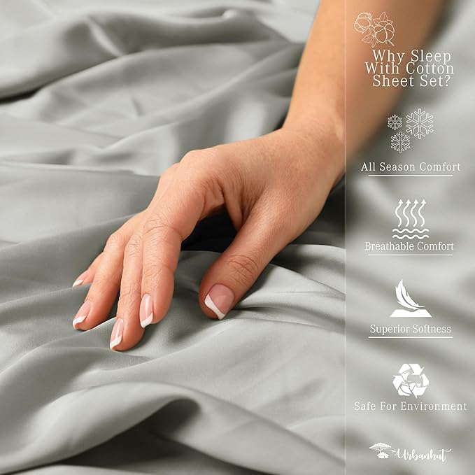 URBANHUT 1000 Thread Count Egyptian Cotton Sheets King Size, Breathable Long Staple, 4 Pc Bed Sheet Sets, Luxury Hotel Sateen Sheets Fits 16" Deep Pocket - Silver Grey