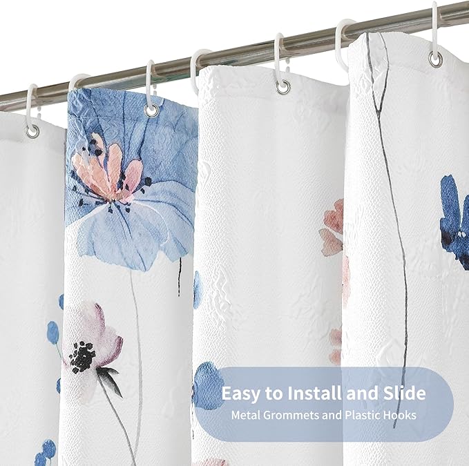 QIYI Small Stall Half Watercolor Floral Shower Curtain, 3D Embossed Butterflies Blue Flower Cloth Bathroom Curtain, Waterproof Fabric White Shower Curtain Set with Hooks