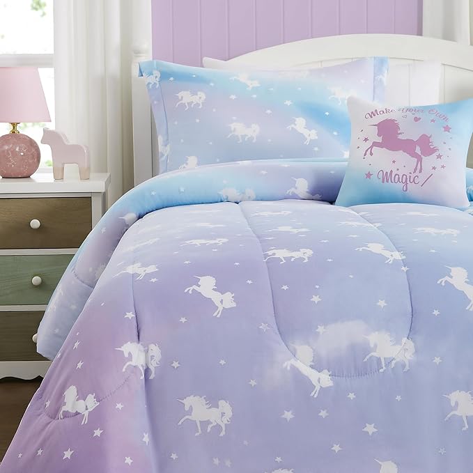 Kids Comforter Set Full Size for Girls, Glow in The Dark Unicorn Bedding Set 1 Comforter, 1 Decor Pillow, 2 Pillow Shams