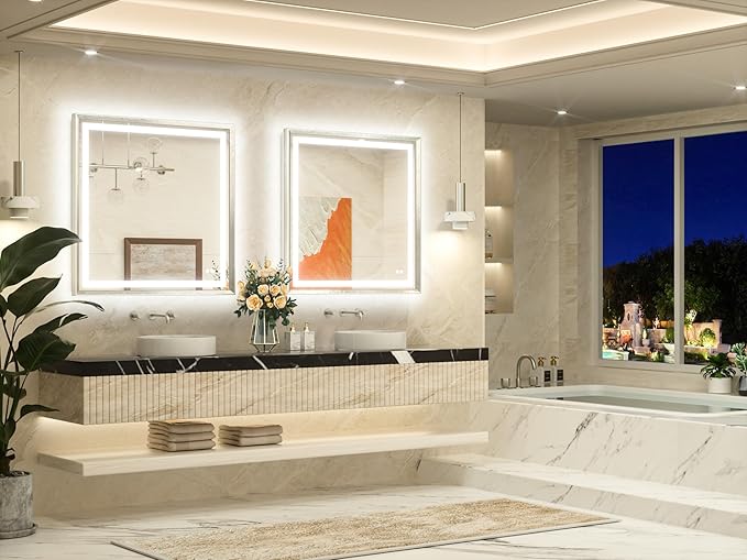 TETOTE Led Bathroom Mirror 36 x 36 with Brushed Bright Nickel Frame Anti-Fog Frontlit & Backlit Vanity Mirror Stepless Dimmable 3 Colors White/Warm/Natural Wall-Mounted