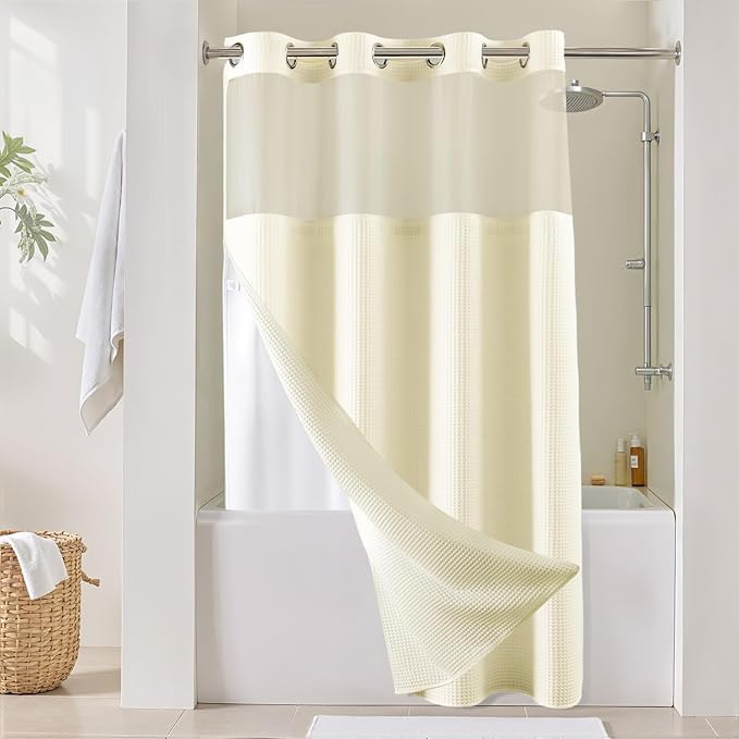 River Dream Cream Fabric Shower Curtain Set, Cotton Blend, Waffle Weave, with Snap in Replacement Liner，54 x 80 inches