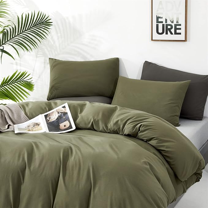 Cottonight Olive Green Bedding Set - Queen Size, Army Green Comforter, Blanket & Quilts - Modern, Soft, Breathable - 3 Piece Set for Women & Men