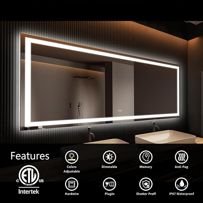 APRILSOUL 60x36 Inch LED Bathroom Mirror with Front and Backlit, Makeup Mirror with 3 Color Lights, Memory Function, Anti-Fog and Dimmable Light (Horizontal)