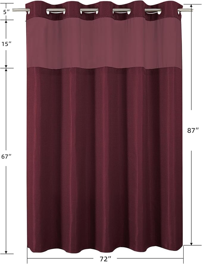 Colorful Star No Hook Shower Curtain with Snap in Fabric Liner, Waffle Weave Heavy Duty Thick Shower Curtains with Mesh Top Window, Hotel Style Waterproof Bathroom Curtain Set, 72 x 87 Inch, Burgundy