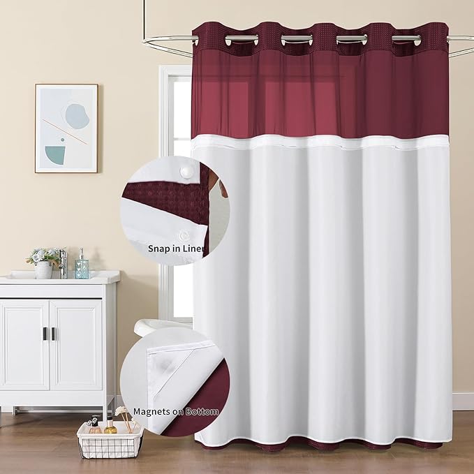Colorful Star No Hook Shower Curtain with Snap in Fabric Liner, Waffle Weave Heavy Duty Thick Shower Curtains with Mesh Top Window, Hotel Style Waterproof Bathroom Curtain Set, 72 x 87 Inch, Burgundy