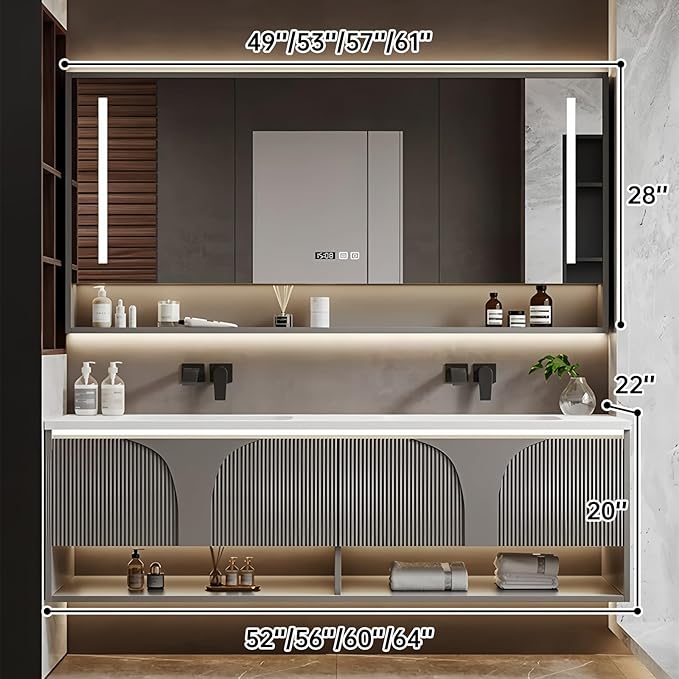Double Bathroom Vanity with Sink, 64IN Floating Bathroom Vanity Set with LED Smart Defogging Mirror Cabinet and Open Shelf, Oak Wood Bathroom Cabinet with Two Drawers and Bottom Open Storage (Grey)