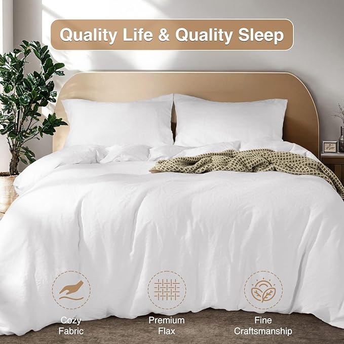 SONORO KATE 100% French Linen Duvet Cover King Size, Soft Breathable for Hot Sleepers, Moisture Wicking & Durable Cover Set - Zipper Closure & 4 Corner Ties Duvet Covers 3 Piece (White,King)