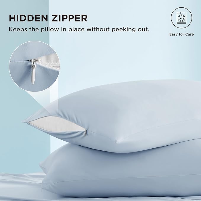 Bedsure Cooling Pillow Cases, Zipper Pillow Cases Queen Size Set of 2, Cool Pillowcases for Hot Sleepers & Night Sweats, Soft & Breathable Cold Pillow Covers for Hair & Skin, Gift, Blue, 20x30 Inches