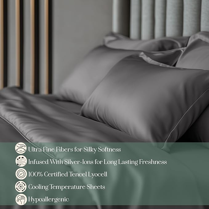 Eucalyptus Sheets - Infused with Silver for Anti-Odor, Softer Than Silk Fibers, More Cooling Than Cotton - Perfect for Hot Sleepers & Sensitive Skin - 100% Tencel Lyocell - Cali-King Sheet Set