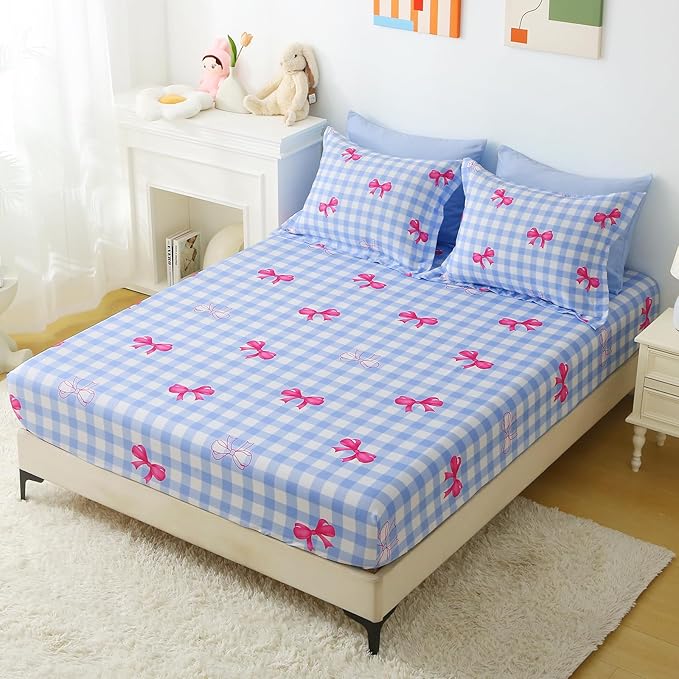 Wajade Bow Comforter Set 7 Piece Blue White Plaid Comforter Sets for Girls Kids Queen Size Checkered Bedding Set with Sheet and 2 Pillowcases 2 Pillow Shams Cute Girls Bed in a Bag as Birthday Choice