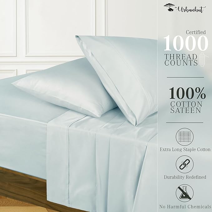 URBANHUT 100% Cotton 1000 Thread Count Twin Bedsheet Set, Long Staple Sheets, Soft & Breathable, 4 Pc Bed Sheet Sets, Luxury Hotel Sateen Sheets Fits 16" Deep Pocket - Light Blue
