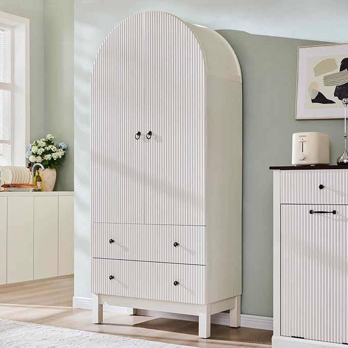 71" Tall Arched Bathroom Storage Cabinet, Modern Fluted Cabinet Storage with 4 Shlves and 2 Drawers, Floor Cabinet for Bathroom, Living Room, Kitchen, White