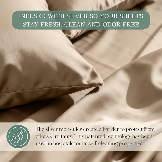 CASILVA Eucalyptus Sheets - Infused with Silver for Anti-Odor, Softer Than Silk Fibers, More Cooling Than Cotton - Perfect for Hot Sleepers & Sensitive Skin - 100% Tencel Lyocell - Queen Sheet Set