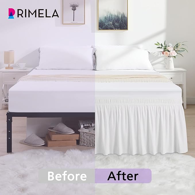 RIMELA Dorm Bed Skirt Twin XL 18 Inch Drop, Extra Long Wrap Around Elastic Bed Skirts Easy to Put On Twin Size Dust Ruffle, White Bedskirt for Adjustable Bed Base Solid Silky Fabric Machine Washable