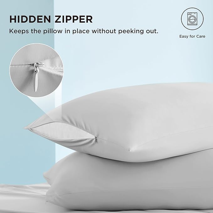 Bedsure Cooling Pillow Cases, Zipper Pillow Cases Standard Size Set of 2, Cool Pillowcases for Hot Sleepers and Night Sweats, Silky Soft & Breathable Cold Pillow Covers, Gift, Grey, 20x26 Inches