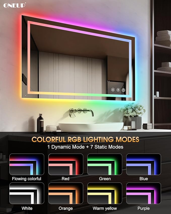 oneup 40x24 Inch LED Bathroom Mirror,RGB Color Changing Bathroom Mirror with Lights,Anti-Fog Wall-Mounted Vanity Mirrors,Smart Dimmable Multicolor Lighted,IP54 Waterproof (Horizontal/Vertical)