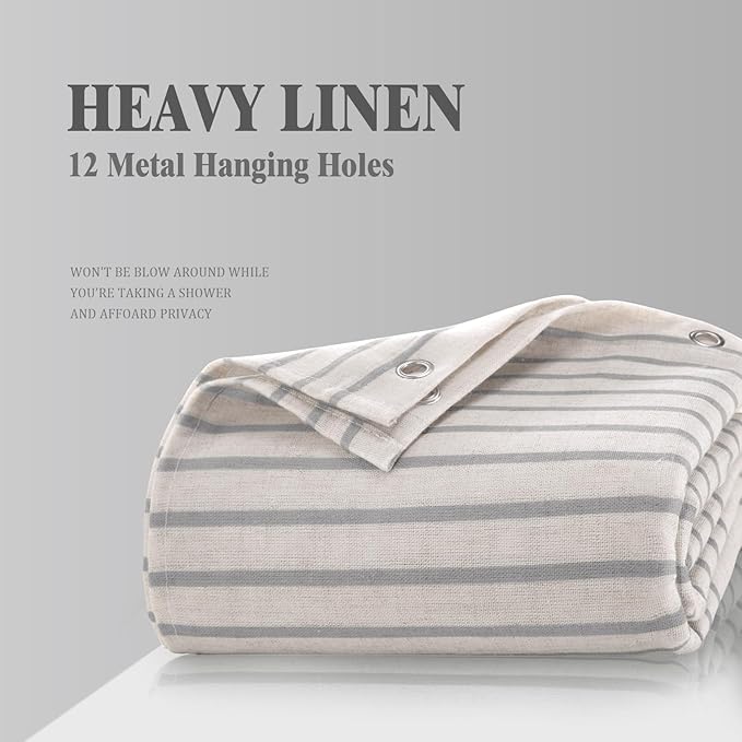 Awellife Farmhouse Grey Shower Curtain for Bathroom Linen Texture Stripe Tassel Shower Curtain 48 X 72 Inches Neutral