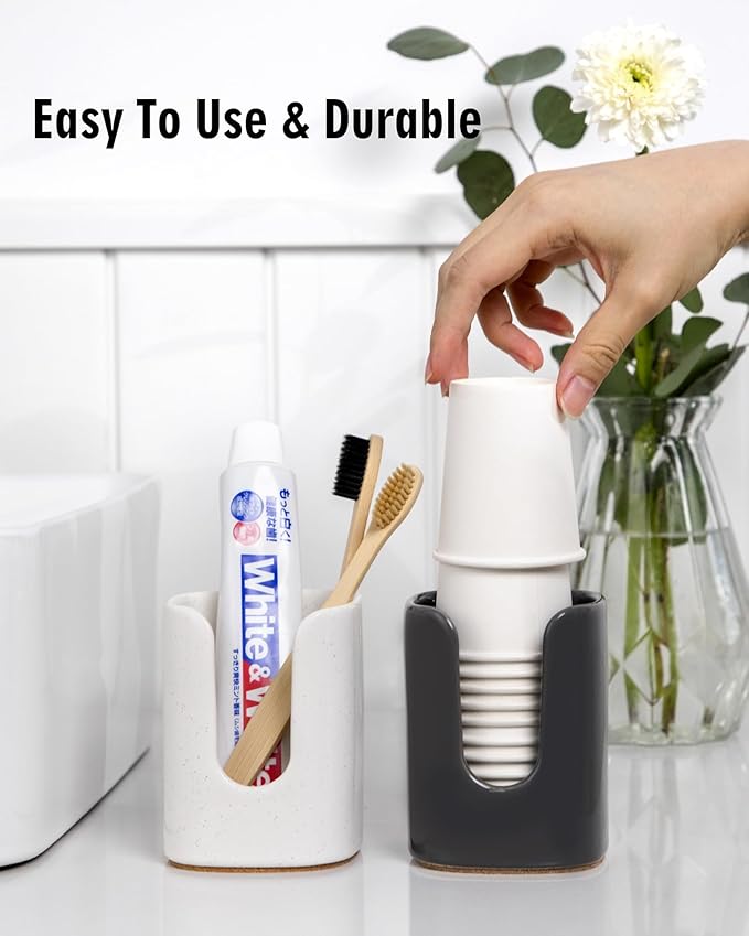 5 oz Square Ceramic Bathroom Cup Dispenser for Kids and Pregnancy - Disposable Paper Cup Holder for Mouthwash Cups on Bathroom Vanity Countertop (1 Pack, Grey)
