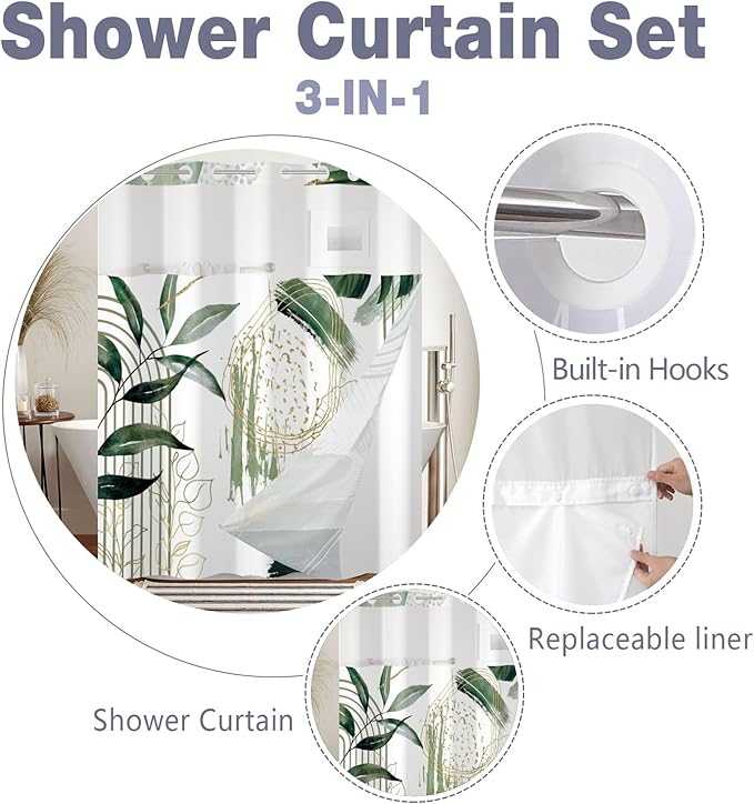 Boho Shower Curtain No Hooks with Snap in Fabric Liner Set,Modern Boho Shower Curtains Hotel Bathroom Decor,with See Through Top Window,Green Botanical Sage Fabric Waterproof Shower Curtain,71W x 74H