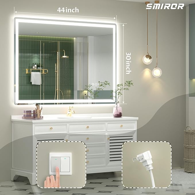 SMIROR LED Bathroom Mirror with Lights 44"x 30", Rounded Rectangle Lighted Vanity Mirror for Wall, Front Lit and Backlit, 3 Colors, Dimmable, Anti-Fog, Tempered Glass (Horizontally/Vertically)
