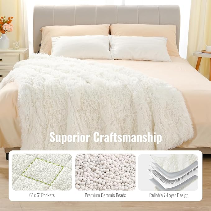 Uttermara Faux Fur Weighted Blanket 20lbs, Super Soft Plush Fleece and Cozy Sherpa Reverse, Shaggy Long Fur Throw Blankets 60"x80" Cream