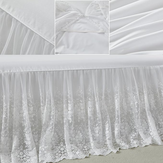 Brandream Luxury White Lace Bed Skirt King Size 18 Inch Drop Split Corners Romantic Bed Cover Dust Ruffle Bed Skirts