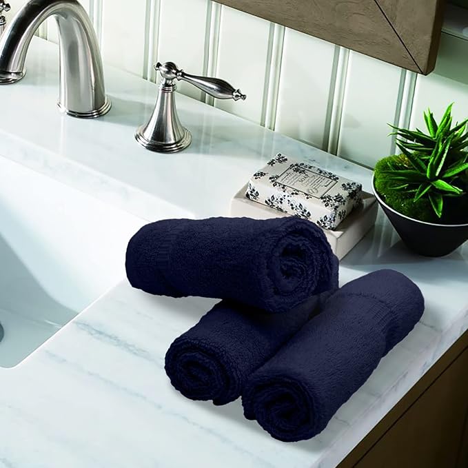 Luxury Hotel & Spa Towel Turkish Cotton Washcloths - Navy - Dobby Border - Set of 6