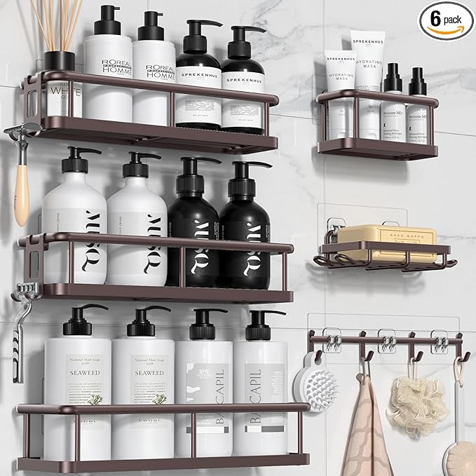 YASONIC Shower Caddy, 6 Pack Large Capacity shower Organizer with Soap Holder and 12 Hooks, Rustproof Shower Shelves for Inside Shower, No Drilling&Sleek Bathroom Organizers and Storage Bronze