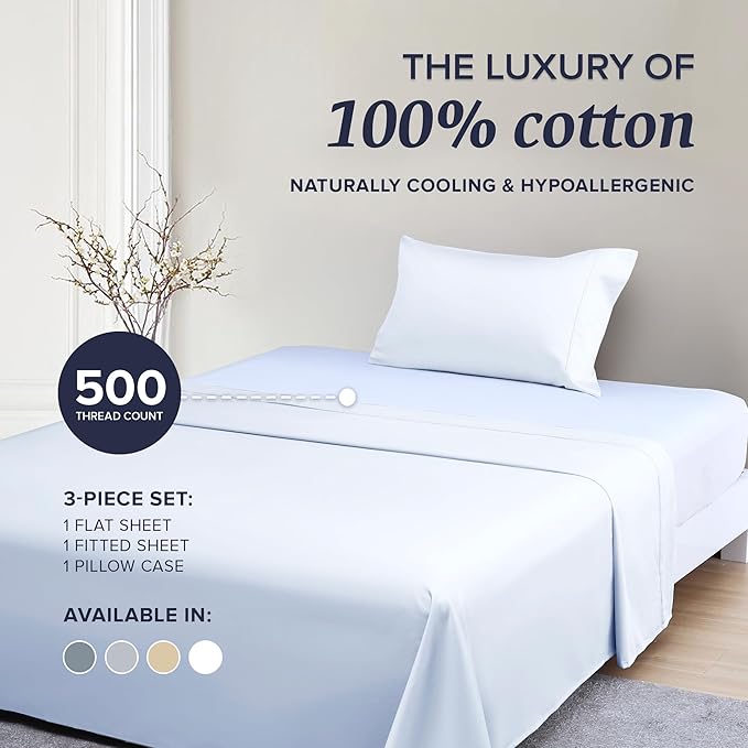Beckham Hotel Collection Twin XL Sheet Set 100% Cotton, 500TC Luxury Sateen Bedding, 16” Deep Pocket, Moisture-Wicking, 3-Piece, White