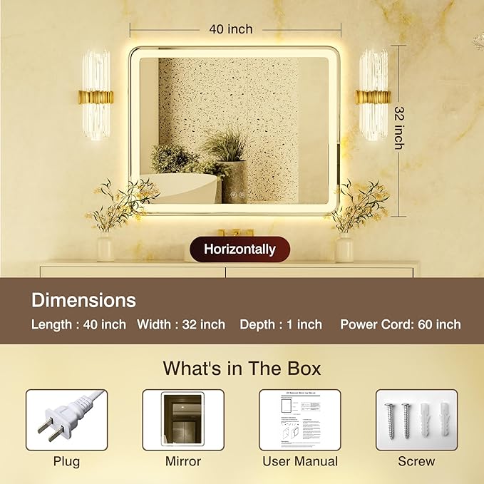 40x32 Inch LED Bathroom Mirror with Lights, Frontlit + Backlit, Smart Bathroom Vanity Mirror, Stepless Dimmable, Anti Fog, 3 Colors, Wall Mounted Lighted Vanity Mirror