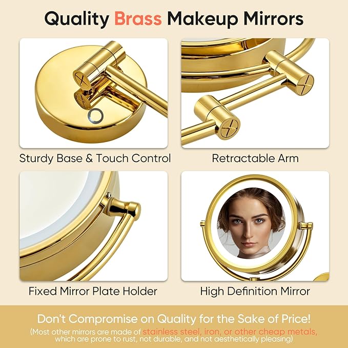 GURUN Wall Mounted Hardwired Makeup Mirror with 3 Tones Dimmable LED Lights 10x Magnifying Mirror with Touch Control for Bathroom Bedroom 13" Extendable Arm M1809DB-GJ Retro Gold